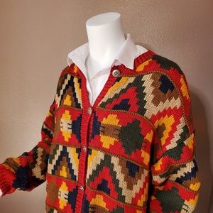 Vtg JAYSON YOUNGER oversized Southwestern Intarsia cotton cardigan sweater S
